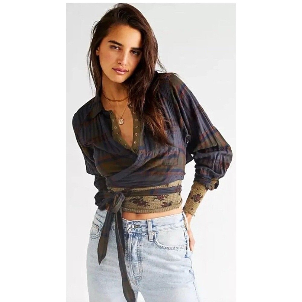 We The Free Women’s Plaid Cropped Tie-Front Wrap Long Sleeve Blouse Sz L Boho